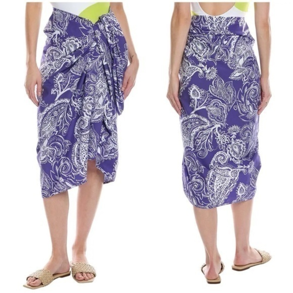 Mara Hoffman Organic Cotton Paisley Sarong Swim Cover-up Skirt Purple White OS